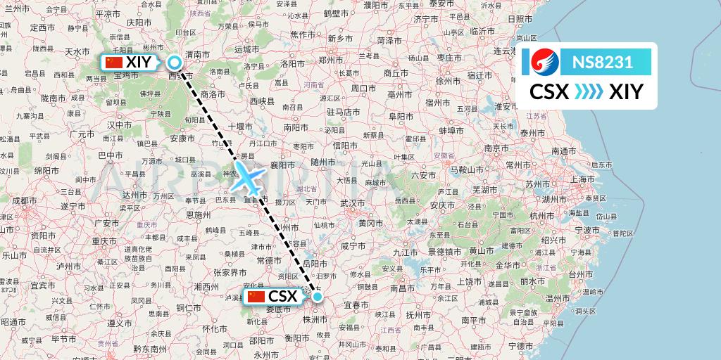 NS8231 Hebei Airlines Flight Map: Changsha to Xi'an