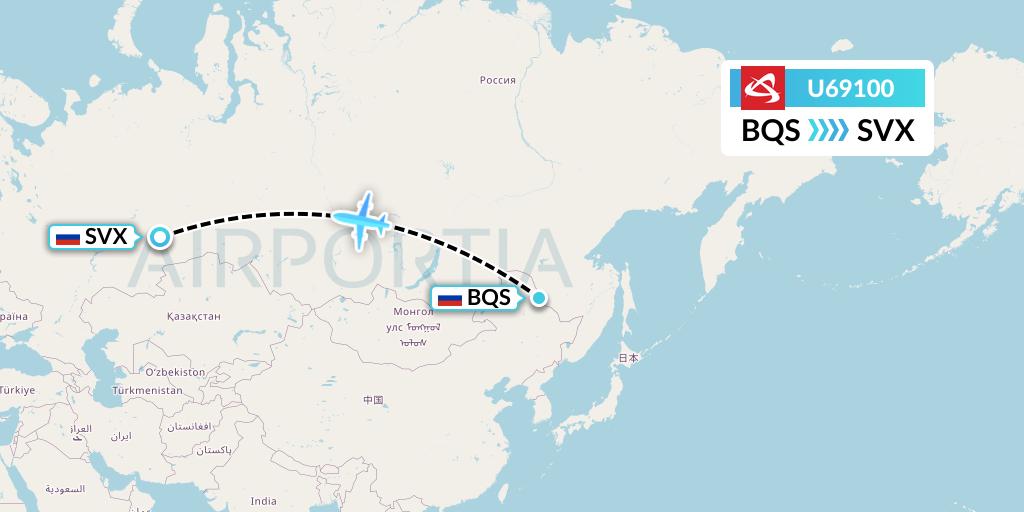 U69100 Ural Airlines Flight Map: Blagoveshchensk to Yekaterinburg