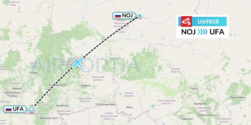 U69858 Ural Airlines Flight Map: Noyabrsk to Ufa