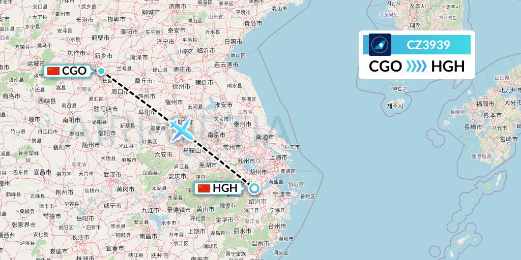 CZ3939 China Southern Airlines Flight Map: Zhengzhou to Hangzhou
