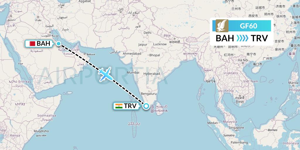GF60 Gulf Air Flight Map: Bahrain to Thiruvananthapuram