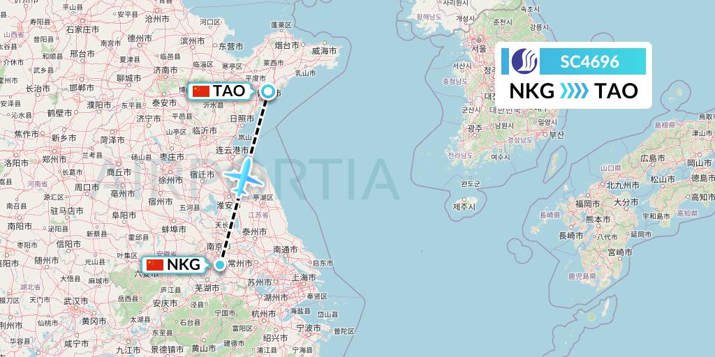 SC4696 Shandong Airlines Flight Map: Nanjing to Qingdao