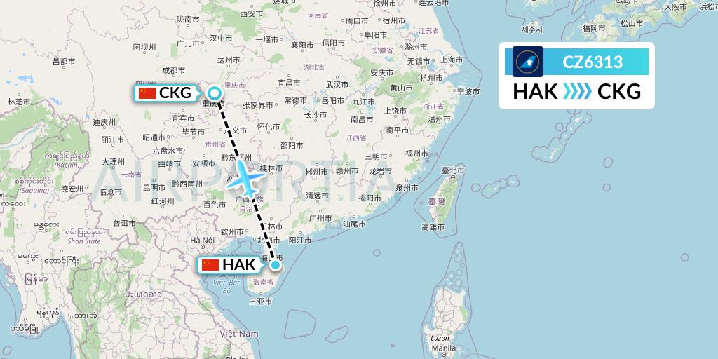 CZ6313 China Southern Airlines Flight Map: Haikou to Chongqing