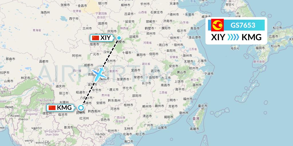 GS7653 Tianjin Airlines Flight Map: Xi'an to Kunming