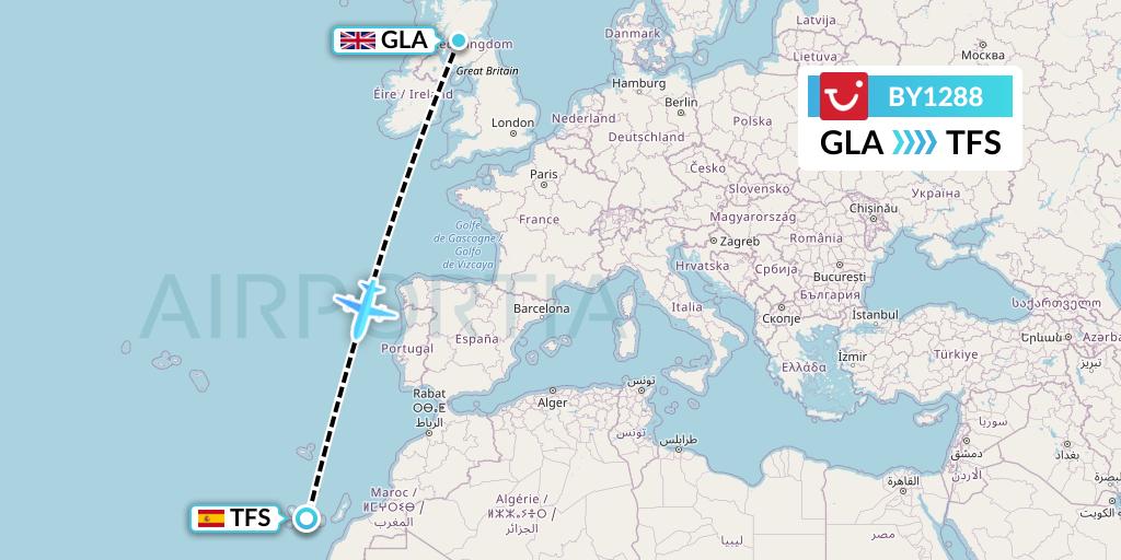 BY1288 TUI Airways Flight Map: Glasgow to Tenerife