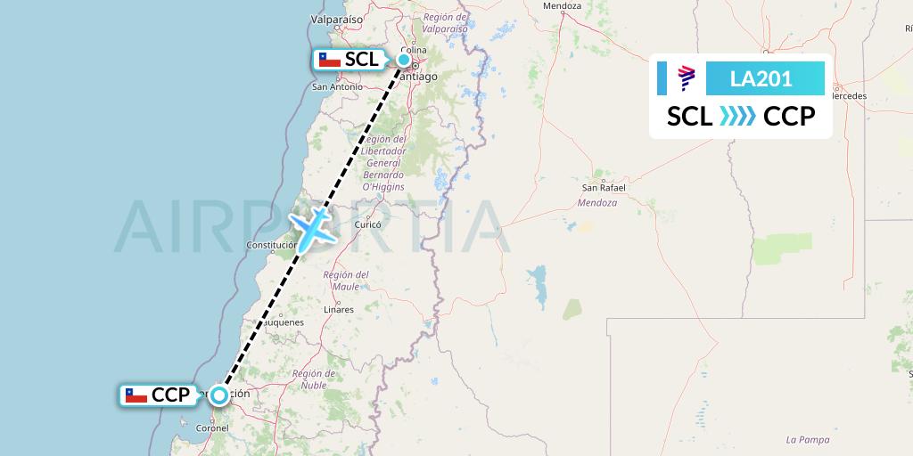 LA201 LAN Airlines Flight Map: Santiago to Concepcion