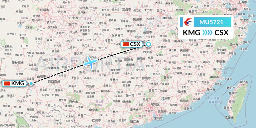 MU5721 China Eastern Airlines Flight Map: Kunming to Changsha