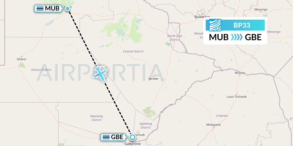 BP33 Air Botswana Flight Map: Maun to Gaborone