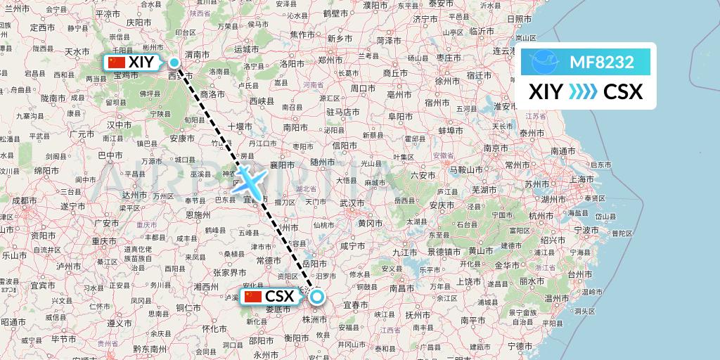 MF8232 Xiamen Airlines Flight Map: Xi'an to Changsha