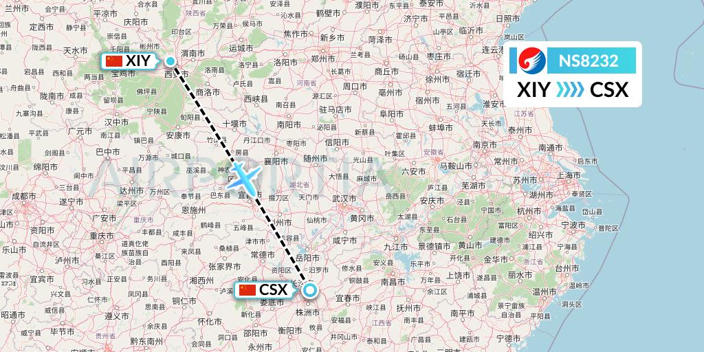 NS8232 Hebei Airlines Flight Map: Xi'an to Changsha