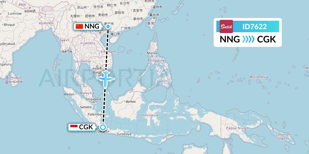 ID7622 Batik Air Flight Map: Nanning to Jakarta