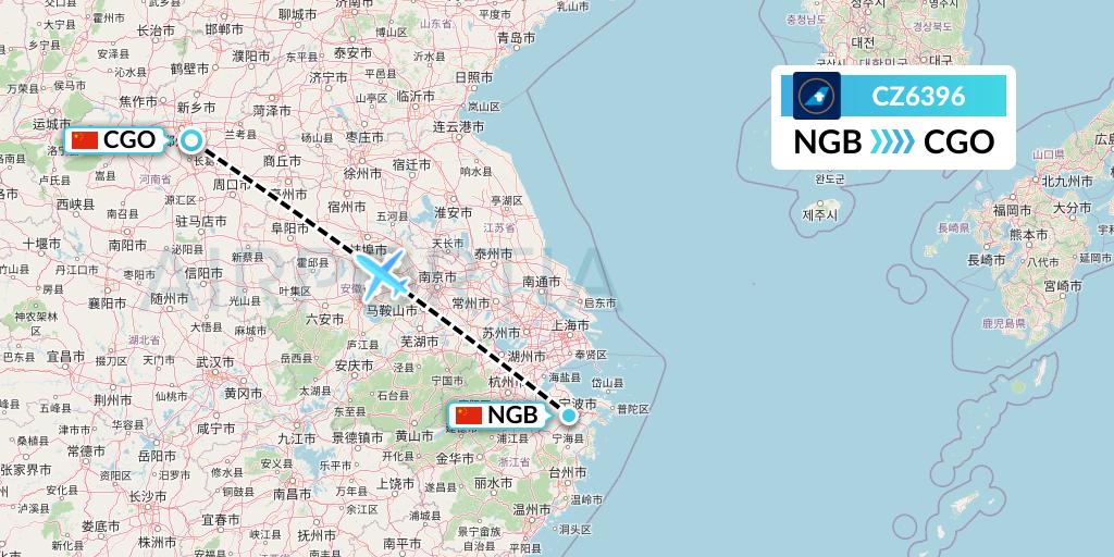 CZ6396 China Southern Airlines Flight Map: Ningbo to Zhengzhou