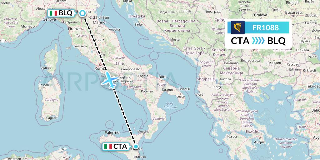 FR1088 Ryanair Flight Map: Catania to Bologna