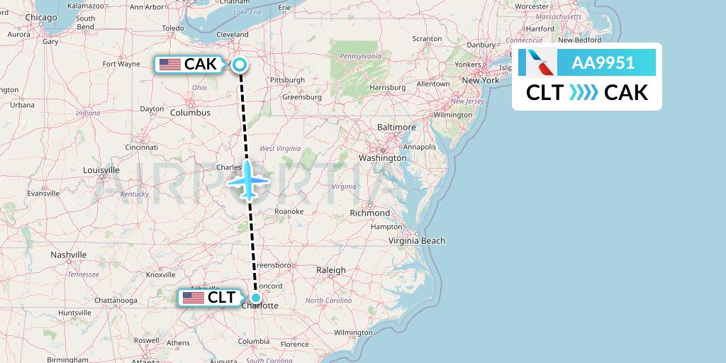 AA9951 American Airlines Flight Map: Charlotte to Akron