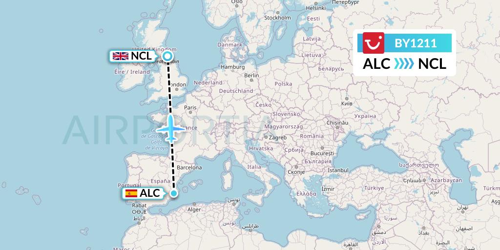 BY1211 TUI Airways Flight Map: Alicante to Newcastle