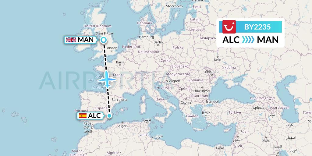 BY2235 TUI Airways Flight Map: Alicante to Manchester