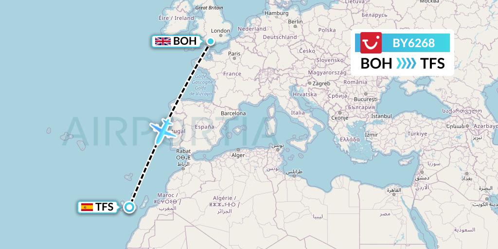 BY6268 TUI Airways Flight Map: Bournemouth to Tenerife