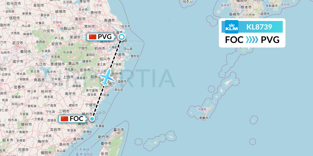 KL8739 KLM Flight Map: Fuzhou to Shanghai