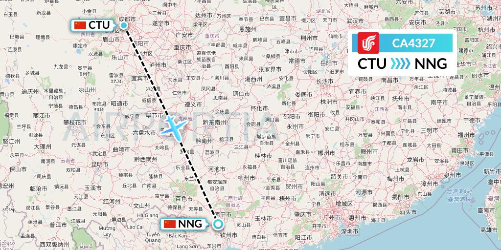 CA4327 Air China Flight Map: Chengdu to Nanning