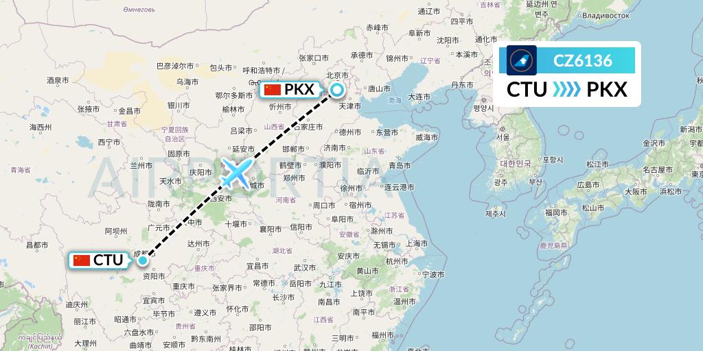 CZ6136 China Southern Airlines Flight Map: Chengdu to Beijing