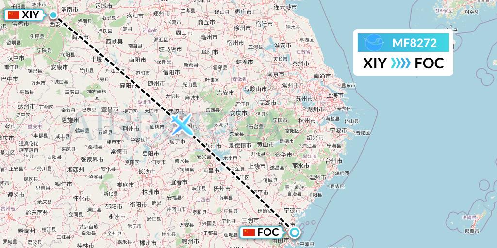 MF8272 Xiamen Airlines Flight Map: Xi'an to Fuzhou