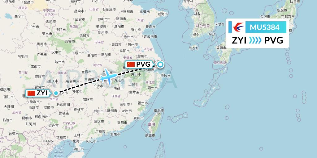 MU5384 China Eastern Airlines Flight Map: Zunyi to Shanghai