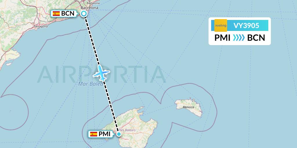 VY3905 Vueling Flight Map: Palma de Mallorca to Barcelona