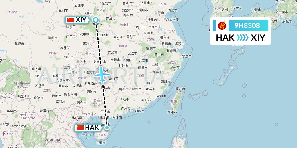 9H8308 Air Changan Flight Map: Haikou to Xi'an