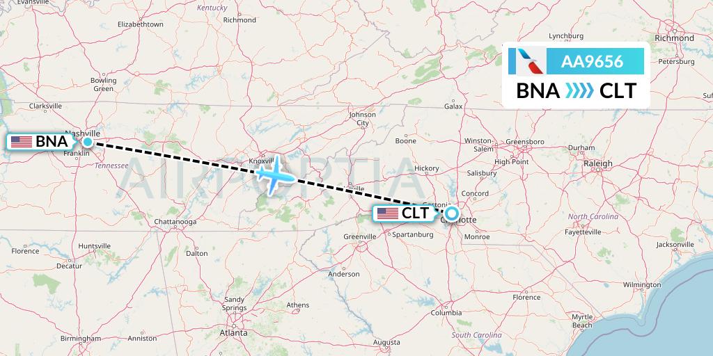 AA9656 American Airlines Flight Map: Nashville to Charlotte