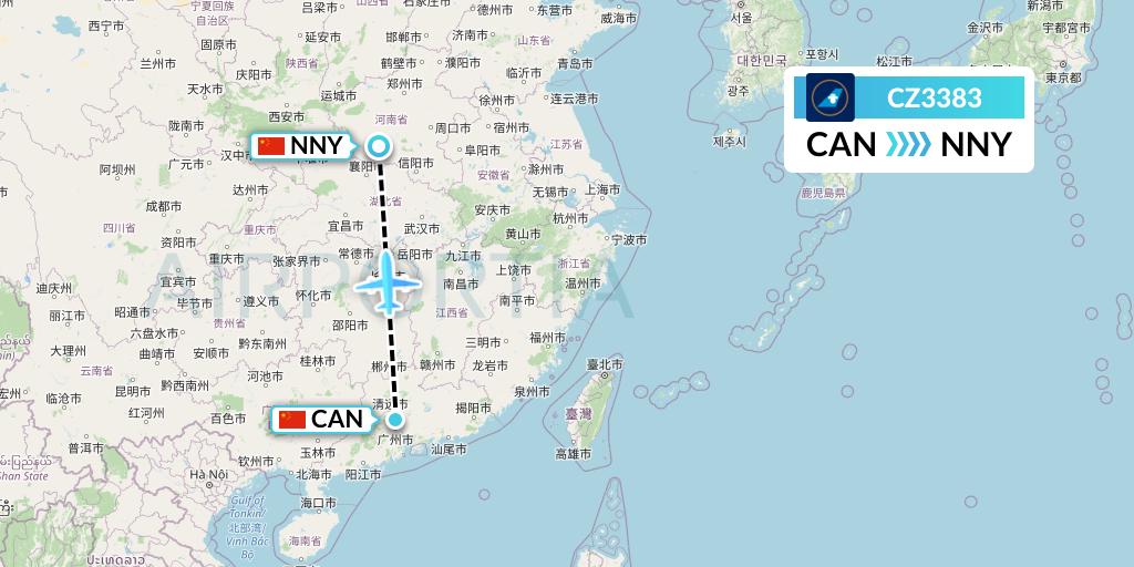 CZ3383 China Southern Airlines Flight Map: Guangzhou to Nanyang