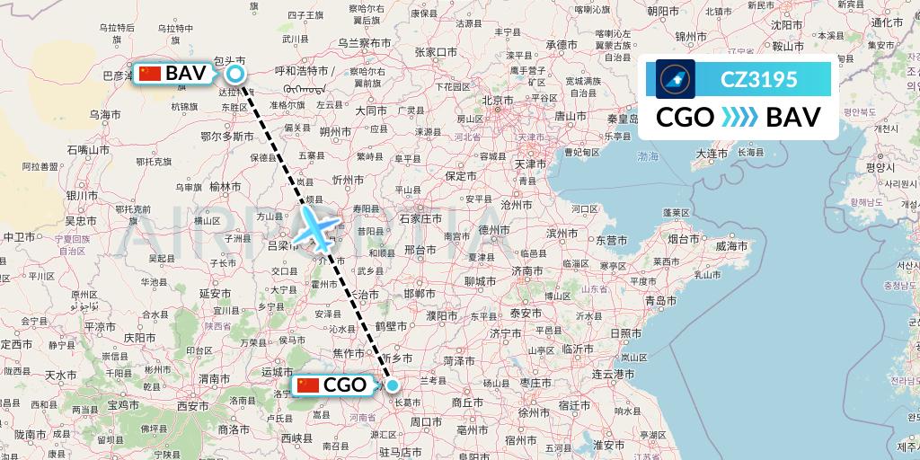 CZ3195 China Southern Airlines Flight Map: Zhengzhou to Baotou