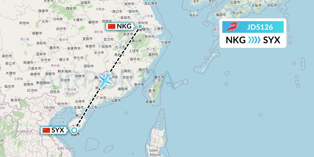 JD5126 Capital Airlines Flight Map: Nanjing to Sanya