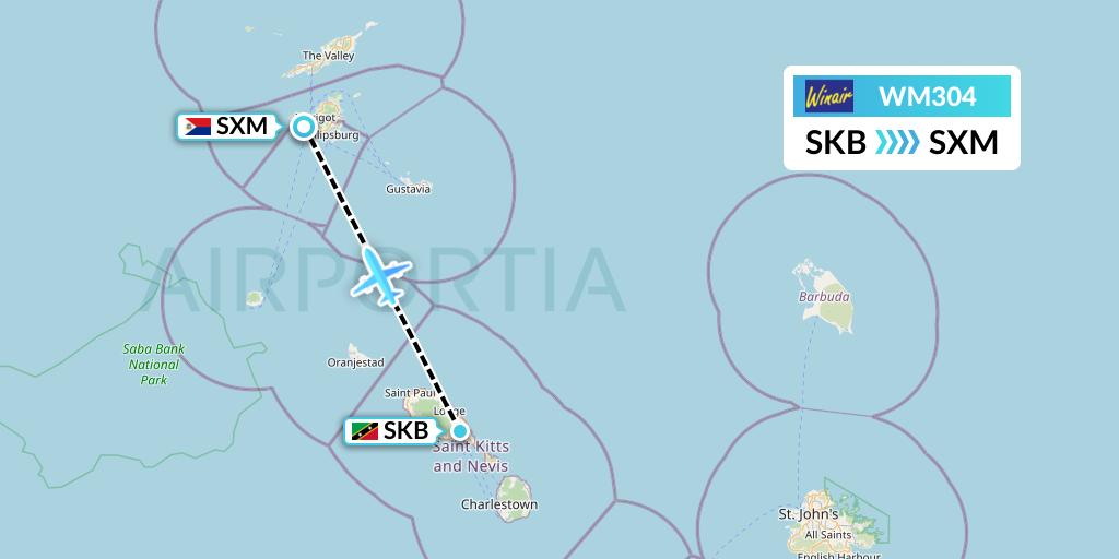 WM304 Winair Flight Map: Basseterre to Sint Maarten