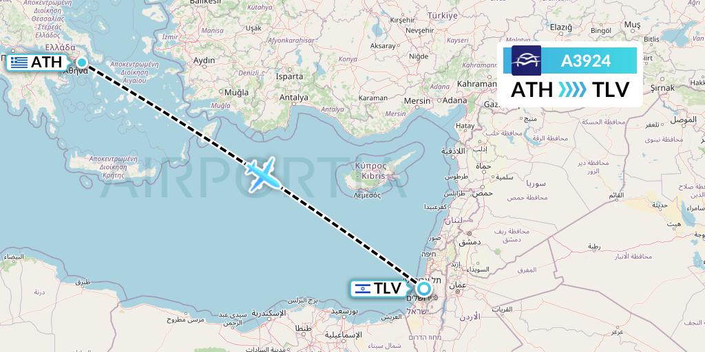 A3924 Aegean Airlines Flight Map: Athens to Tel Aviv