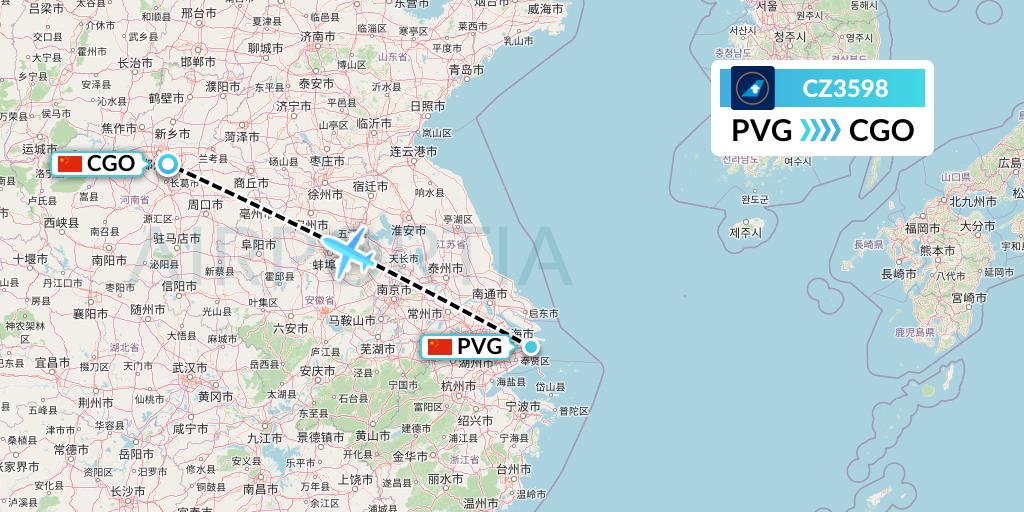 CZ3598 China Southern Airlines Flight Map: Shanghai to Zhengzhou