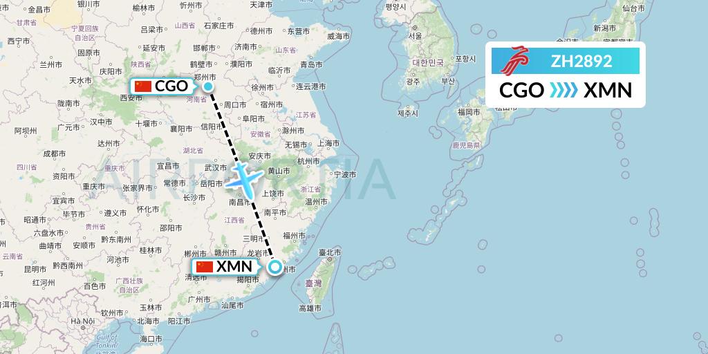 ZH2892 Shenzhen Airlines Flight Map: Zhengzhou to Xiamen