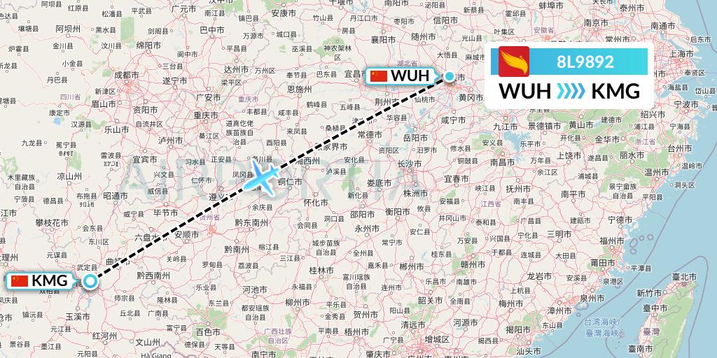 8L9892 Lucky Air Flight Map: Wuhan to Kunming