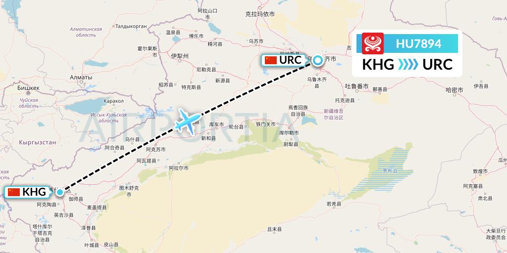 HU7894 Hainan Airlines Flight Map: Kashgar to Urumqi