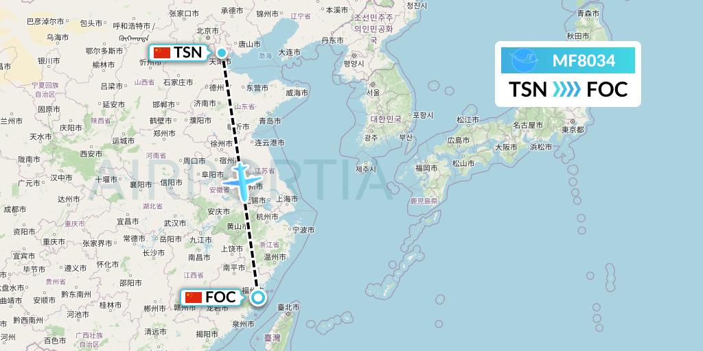 MF8034 Xiamen Airlines Flight Map: Tianjin to Fuzhou