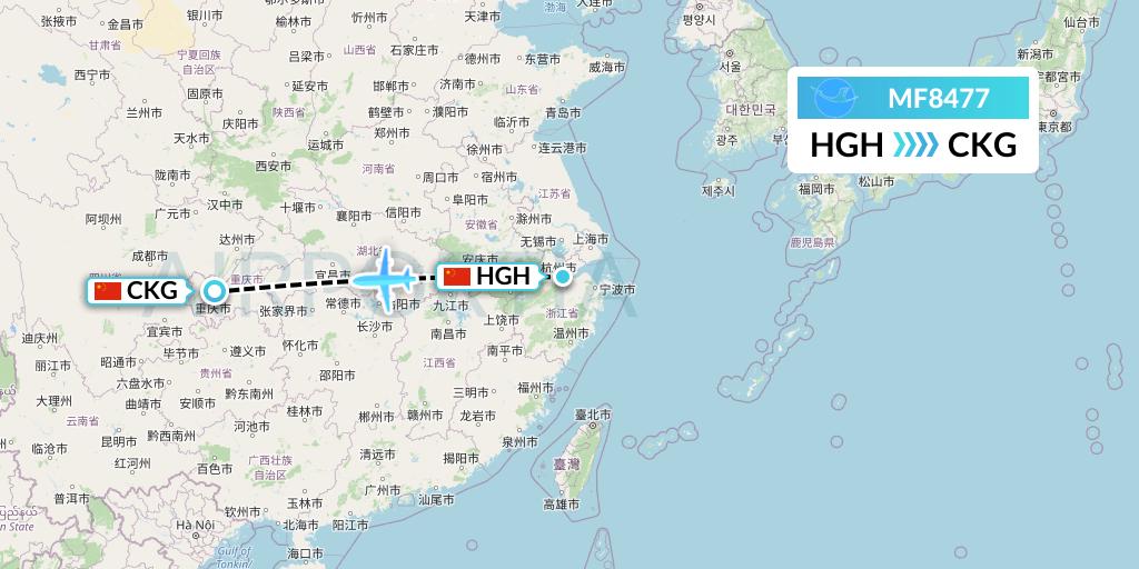 MF8477 Xiamen Airlines Flight Map: Hangzhou to Chongqing