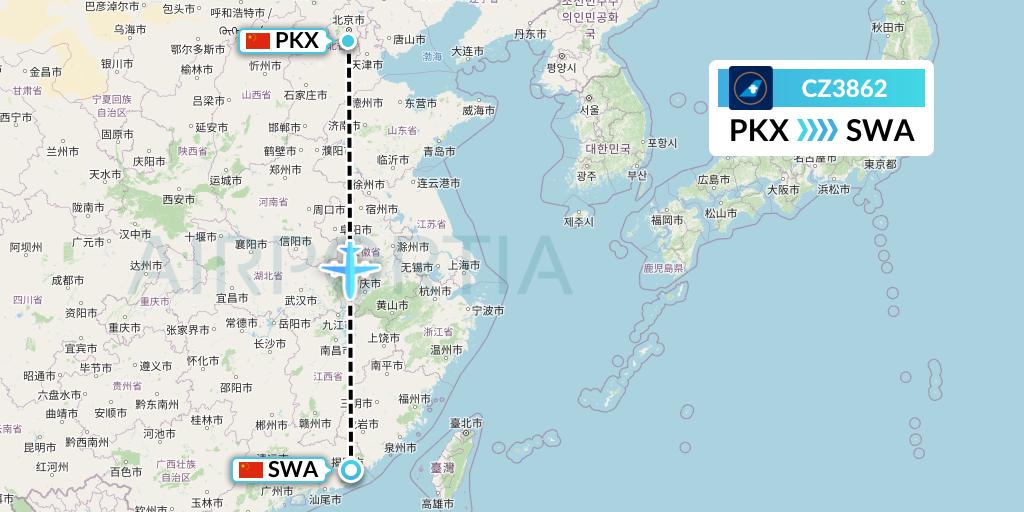 CZ3862 China Southern Airlines Flight Map: Beijing to Jieyang