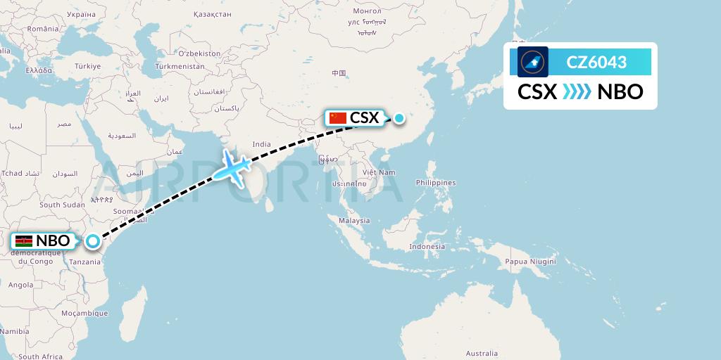CZ6043 China Southern Airlines Flight Map: Changsha to Nairobi
