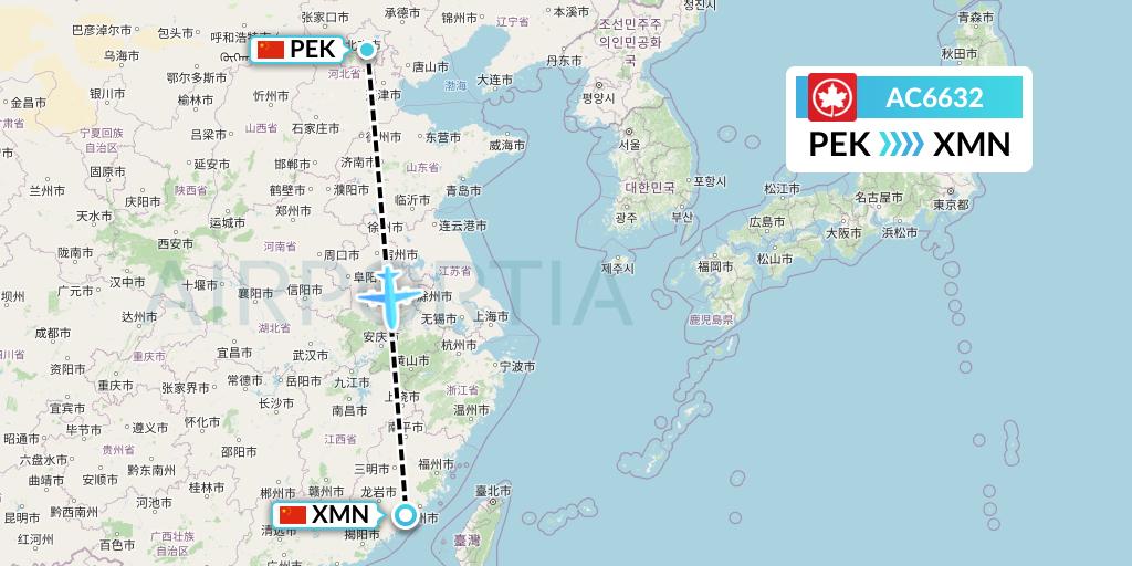 AC6632 Air Canada Flight Map: Beijing to Xiamen