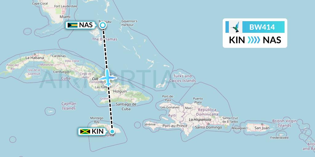 BW414 Caribbean Airlines Flight Map: Kingston to Nassau