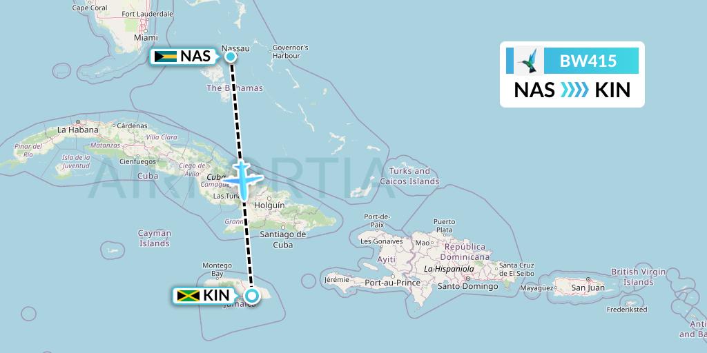 BW415 Caribbean Airlines Flight Map: Nassau to Kingston