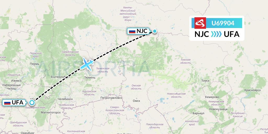 U69904 Ural Airlines Flight Map: Nizhnevartovsk to Ufa