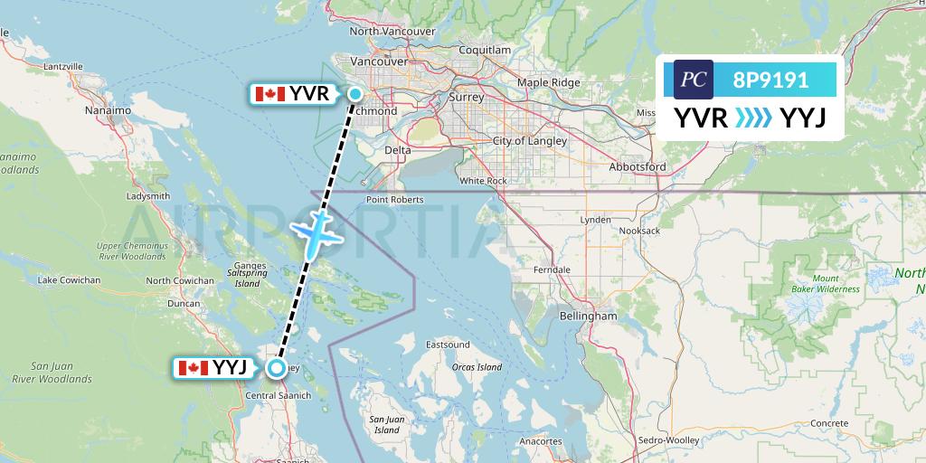 8P9191 Pacific Coastal Airlines Flight Map: Vancouver to Victoria