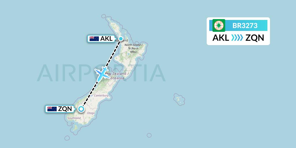 BR3273 EVA Air Flight Map: Auckland to Queenstown