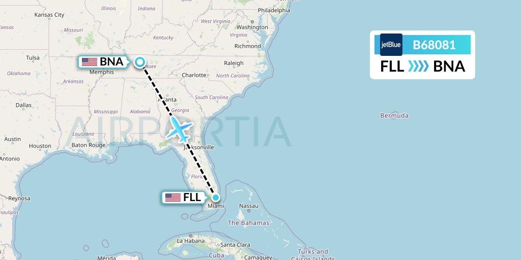 B68081 JetBlue Airways Flight Map: Fort Lauderdale to Nashville