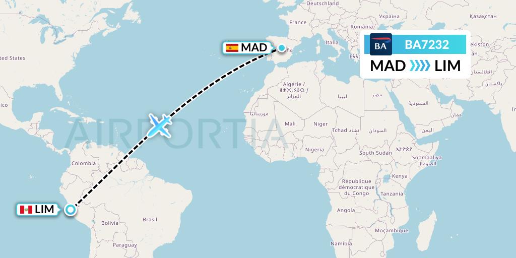 BA7232 British Airways Flight Map: Madrid to Lima